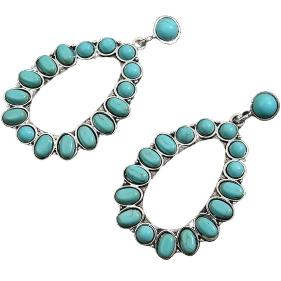 Turquoise Stone Oval Drop Earrings - Picture 6 of 8